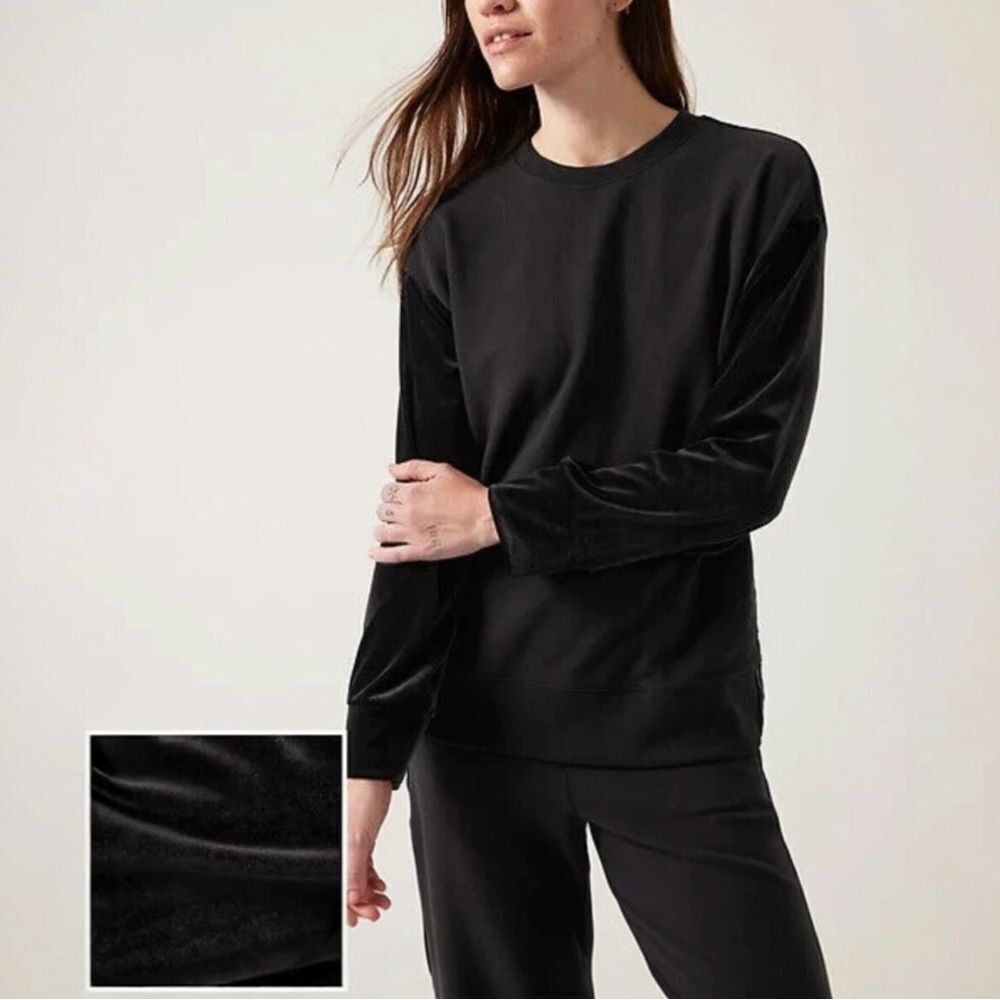 Athleta Retroplush Velvet Snap Side Crewneck Sweatshirt Black Pullover S NWT $99